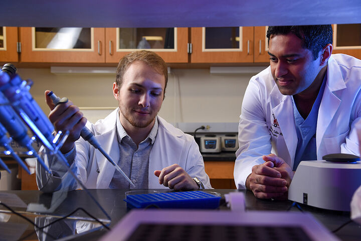 Two neurology students working in a lab.